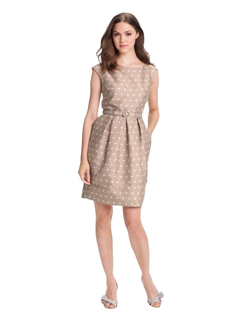 Eliza J Taupe Polka Dot Sleeveless Pleated Dress Sz 4
